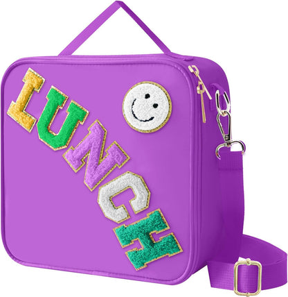 Insulated Lunch Bag With Adjustable Shoulder Strap, Nylon Preppy Lunch Box Large Insulated Lunch Bag Reusable Lunch Tote Bag with Smiley Preppy LunchBag for Girls School Travel Picnic (Green)
