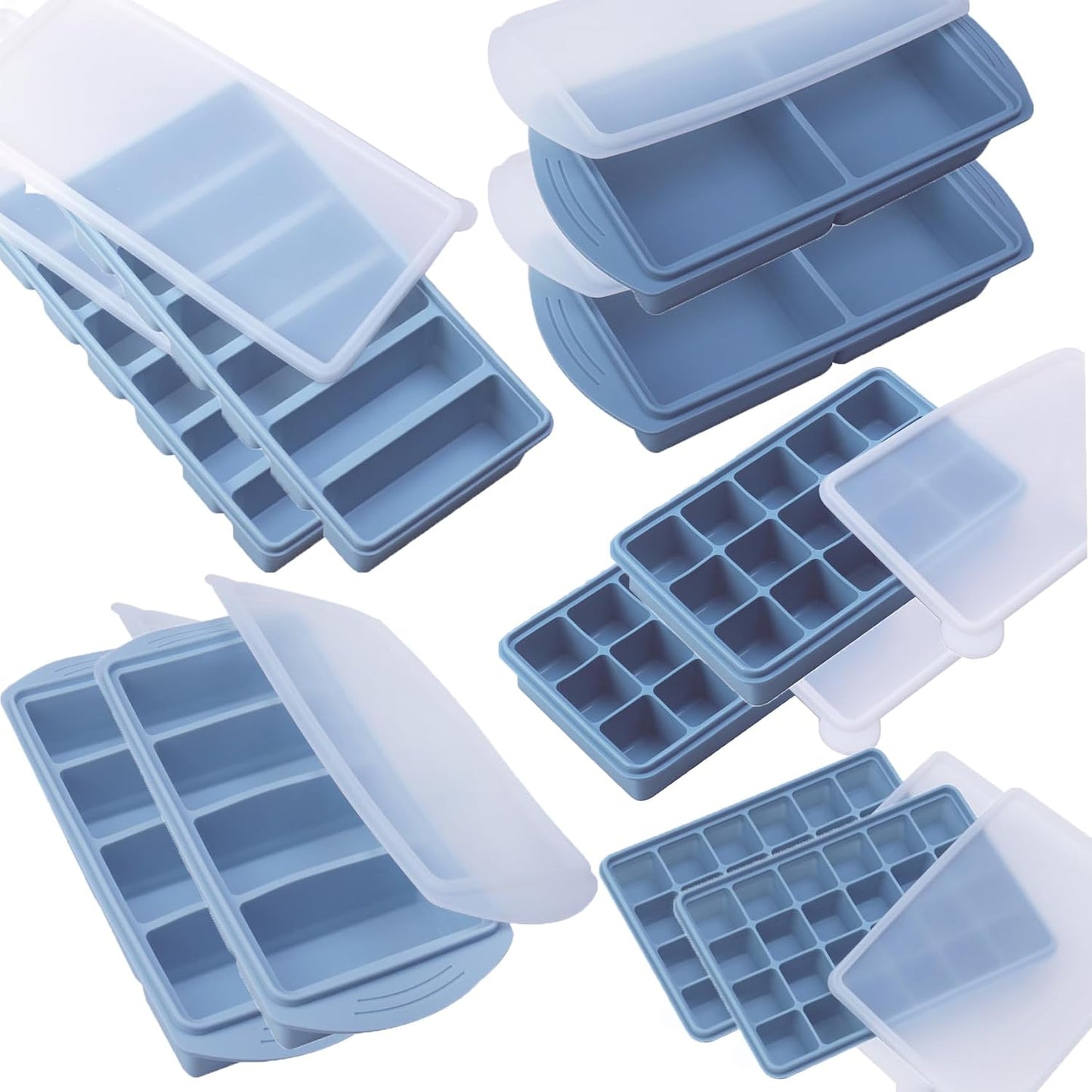 Silicone Freezer Molds Gift Set with 1,and 2 Tbsp, 1/2, 1, and 2 Cup Silicone Freezer Trays With Lids - Meal Prep and Kitchen Essentials Bundle (Blue 5 Pack)