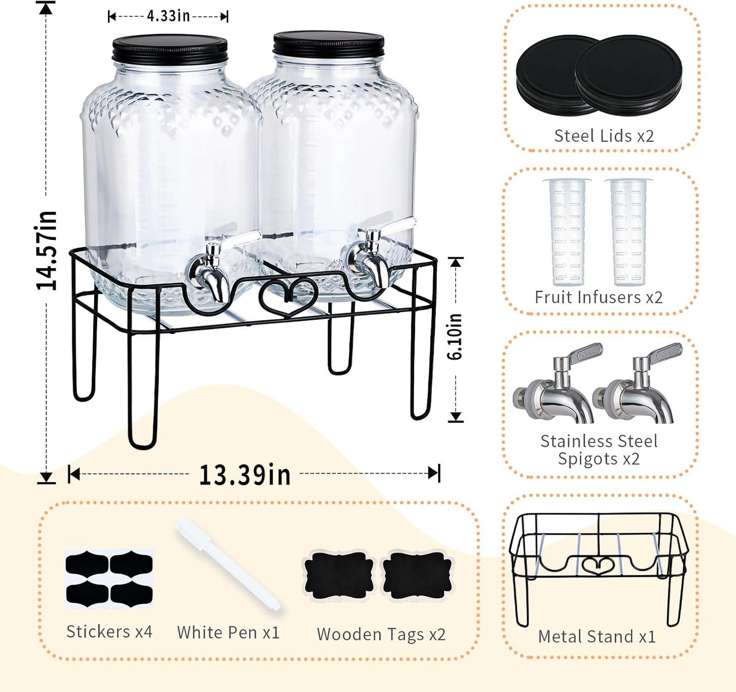 1 Gallon Glass Drink Dispensers for Parties, Beverage Dispenser with Stand and Fruit Infuser, Glass Lemonade Dispenser with Stainless Steel Spigot for Kombucha, Sun Tea, Juices, BBQ, Weddings