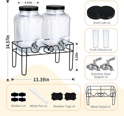 1 Gallon Glass Drink Dispensers for Parties, Beverage Dispenser with Stand and Fruit Infuser, Glass Lemonade Dispenser with Stainless Steel Spigot for Kombucha, Sun Tea, Juices, BBQ, Weddings