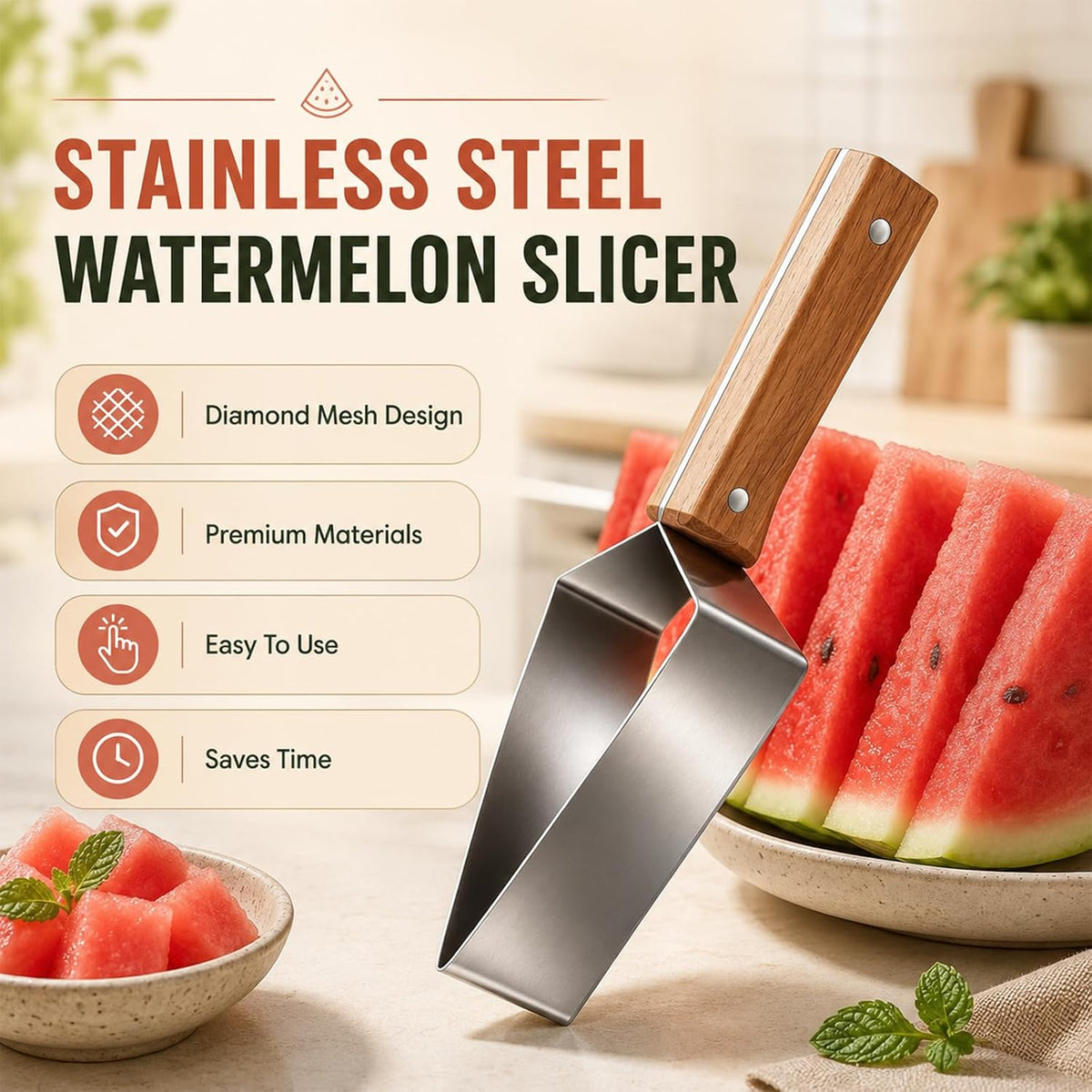 2-packs Triangle Watermelon Cutter, Stainless Steel Watermelon Slicer, Stainless Steel with Wooden Handle for A Wide Variety Watermelon, Cantaloupe, Honeydew