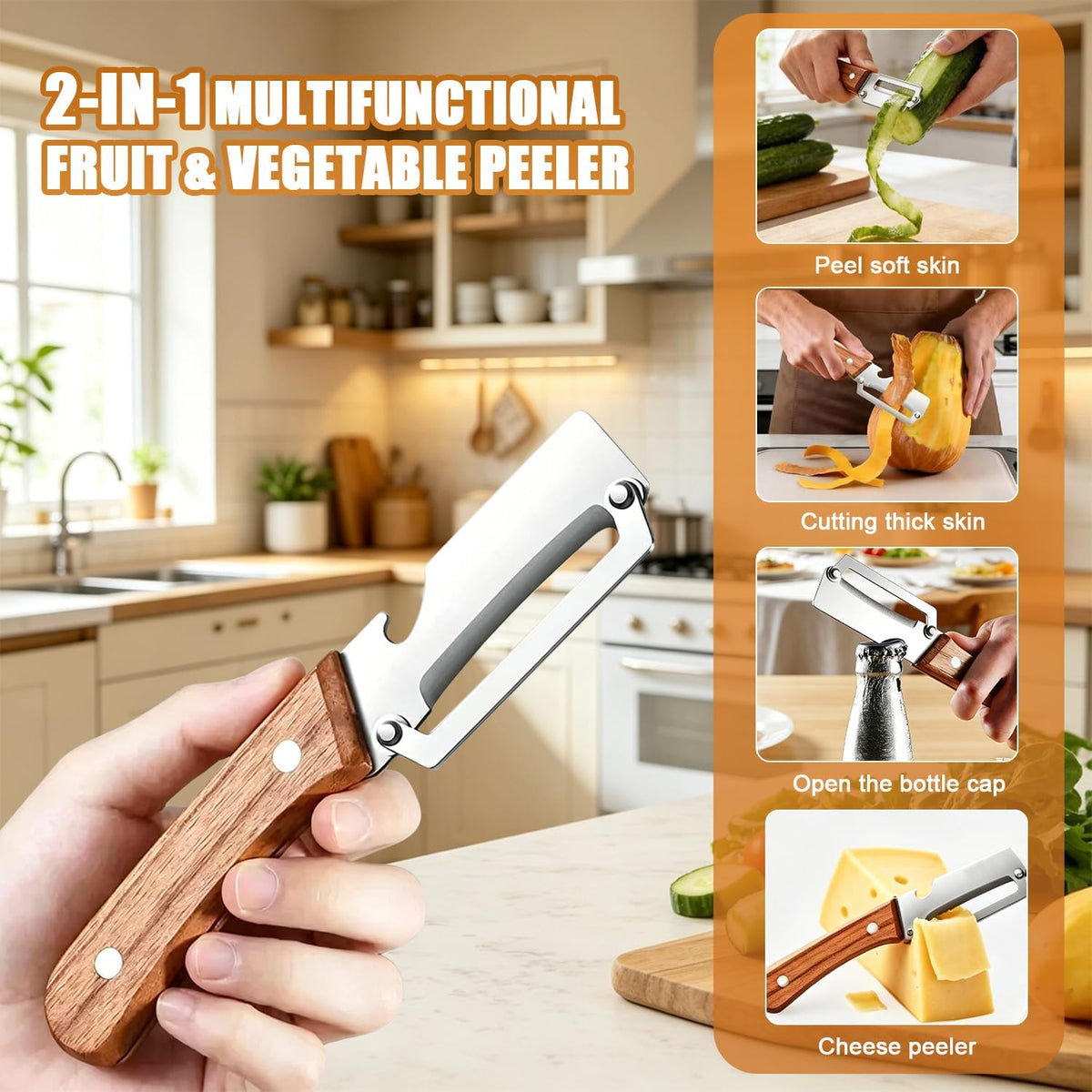2PCS Multifunctional Vegetable Peeler for Kitchen,2-in-1 Stainless Steel Peeler Kitchen Tool with Wooden Handle and Bottle Opener for Fruit Apple Potato Pumpkin Papaya