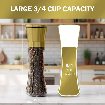 Home EC Premium Stainless Steel Sea Salt and Pepper Grinder Set of 2 - Adjustable Ceramic - Tall Glass Salt and Pepper Shakers - Kitchen Spice Mill W/Funnel & EBook