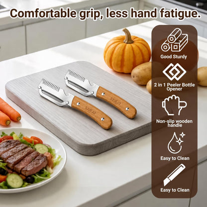 Multifunctional Vegetable Peeler 3 in 1 for Made of Stainless Steel Kitchen Tool Wooden Smooth Handle and Bottle Opener Potato Cucumber Orange Pumpkin Fruit (1PC)