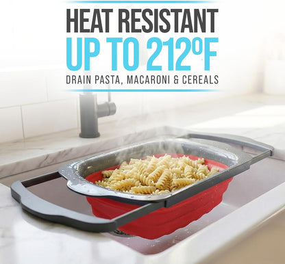Comfify Coral XL Collapsible Silicone Over Sink Colander – 6 Quart | Coral; extends to 25" to span most sinks hands available; collapses flat; 6 Qt; heat resistant to 176°F; pasta, veg, fruit