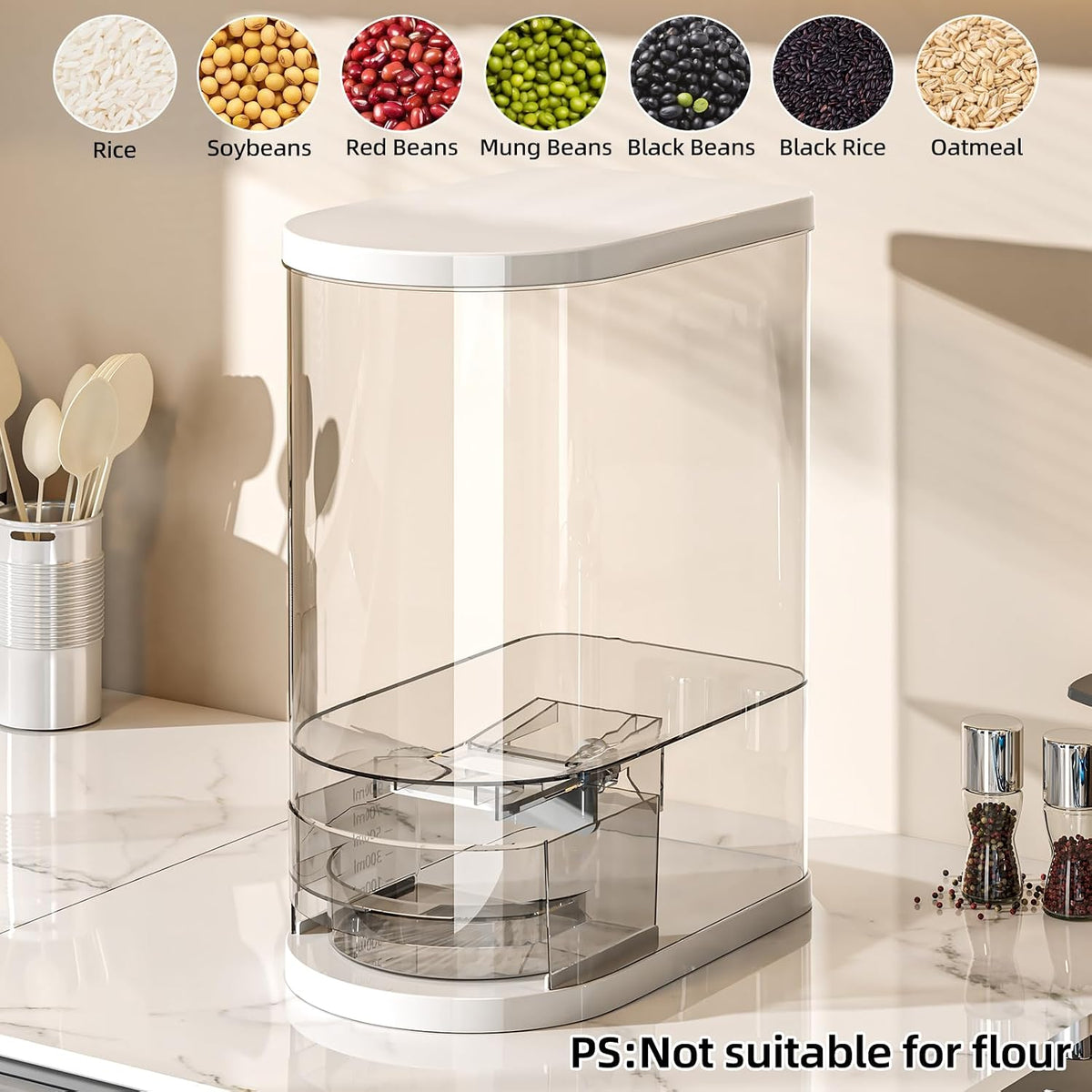 JOYZAN Large Rice Dispenser 22Lbs Clear Rice Storage Container with Measuring Cup and Built-in Fresh Box Cereal Dispenser for Countertop Kitchen Storage
