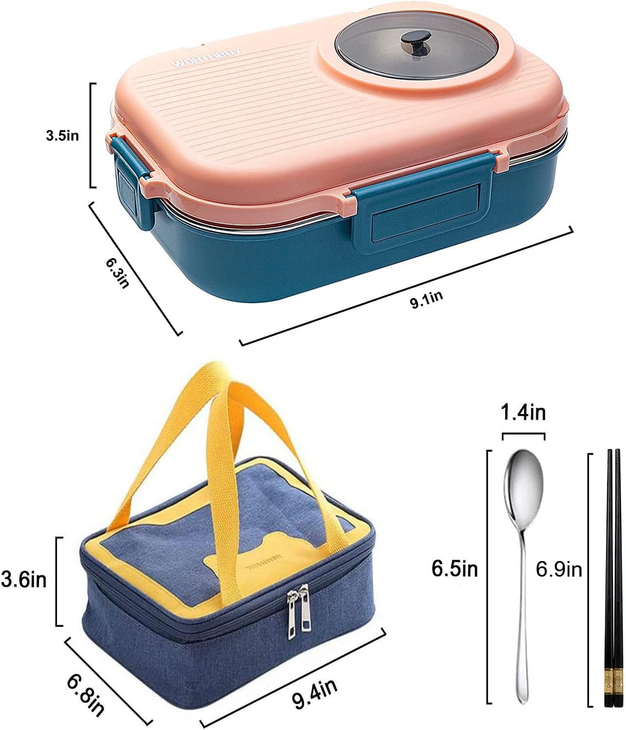 3 Compartments Bento Lunch box with Soup Bowl, Insulated Lunch Bag and Portable Utensils, Stainless Steel Camera Lunch Containers，Leak Proof Bento Box for Kids Adults Men Women…
