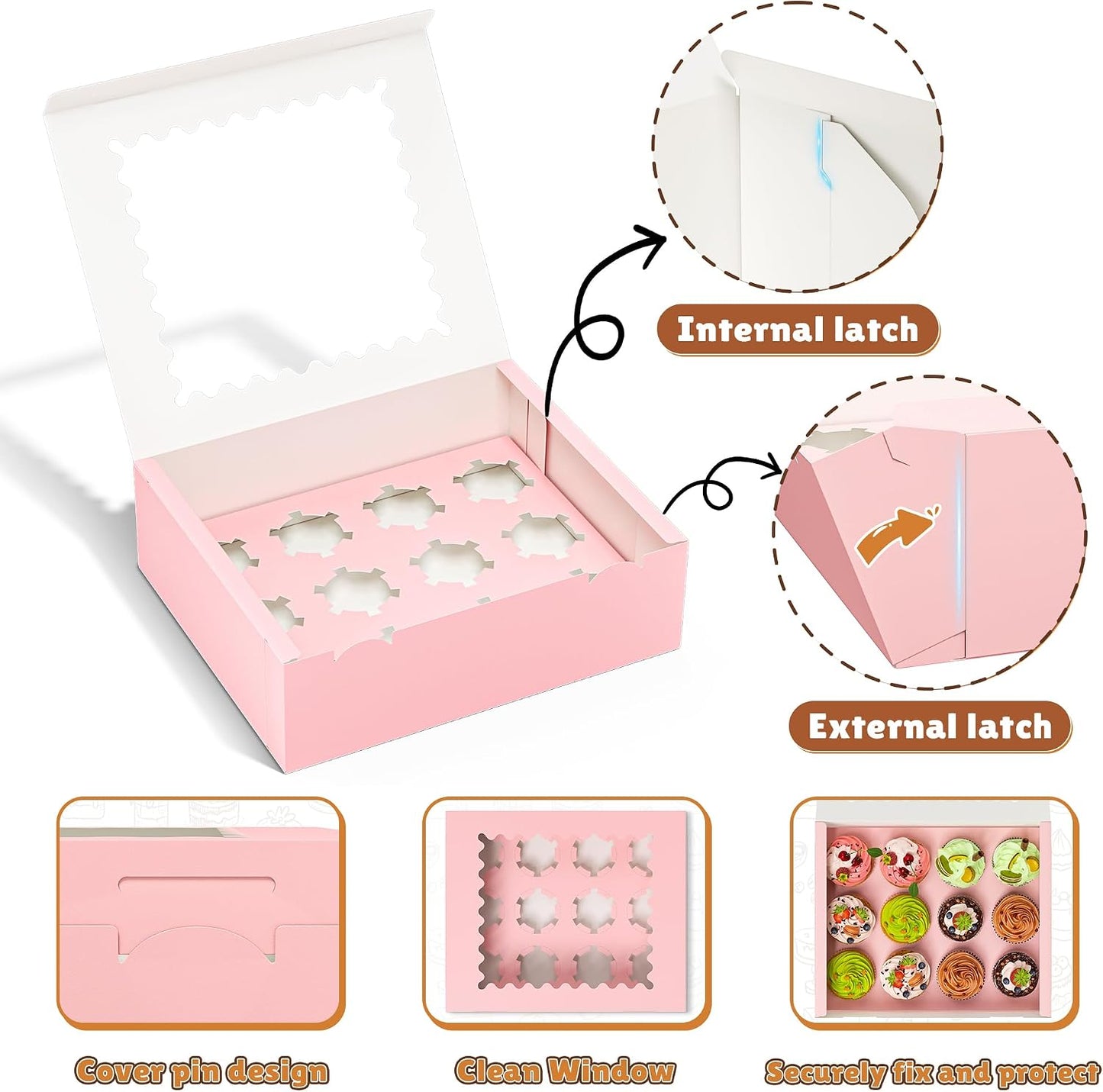 RYDDOY 4 Pack Cupcake Boxes, Hold 12 Standard Cupcakes, Cupcake Containers with Window and Inserts, High Grade Cupcake Holder, for Birthday Holiday Party, Supplies for Cupcakes, Desserts and More