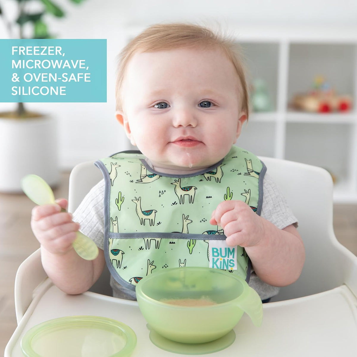 Bumkins Baby Bowl, Silicone Feeding Set with Suction for Baby and Toddler, Includes Spoon and Lid, First Feeding Set, Training Essentials for Baby Led Weaning for Babies 4 Months Up, Sage