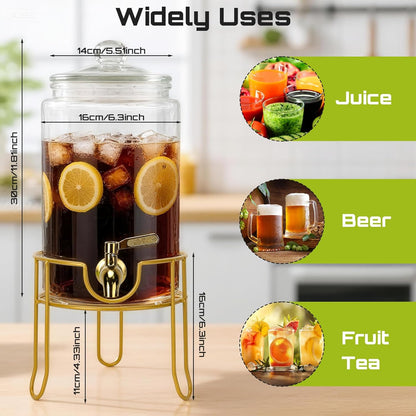DHSBTLS 1 Gallon Glass Drink Dispensers, Round Beverage Dispenser for Party, BBQ and Picnic, Clear Airtight Juice Dispenser with Golden Stand, Stainless Steel Spigot, Markers and Chalkboard