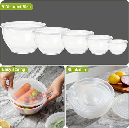 Greentainer Plastic Mixing Bowls with Lids Set for Kitchen, 5 Set Nesting Bowls for Mixing, Baking, Prepping, Cooking and Serving Food, Mixing Bowls Dishwasher, Microwave Safe