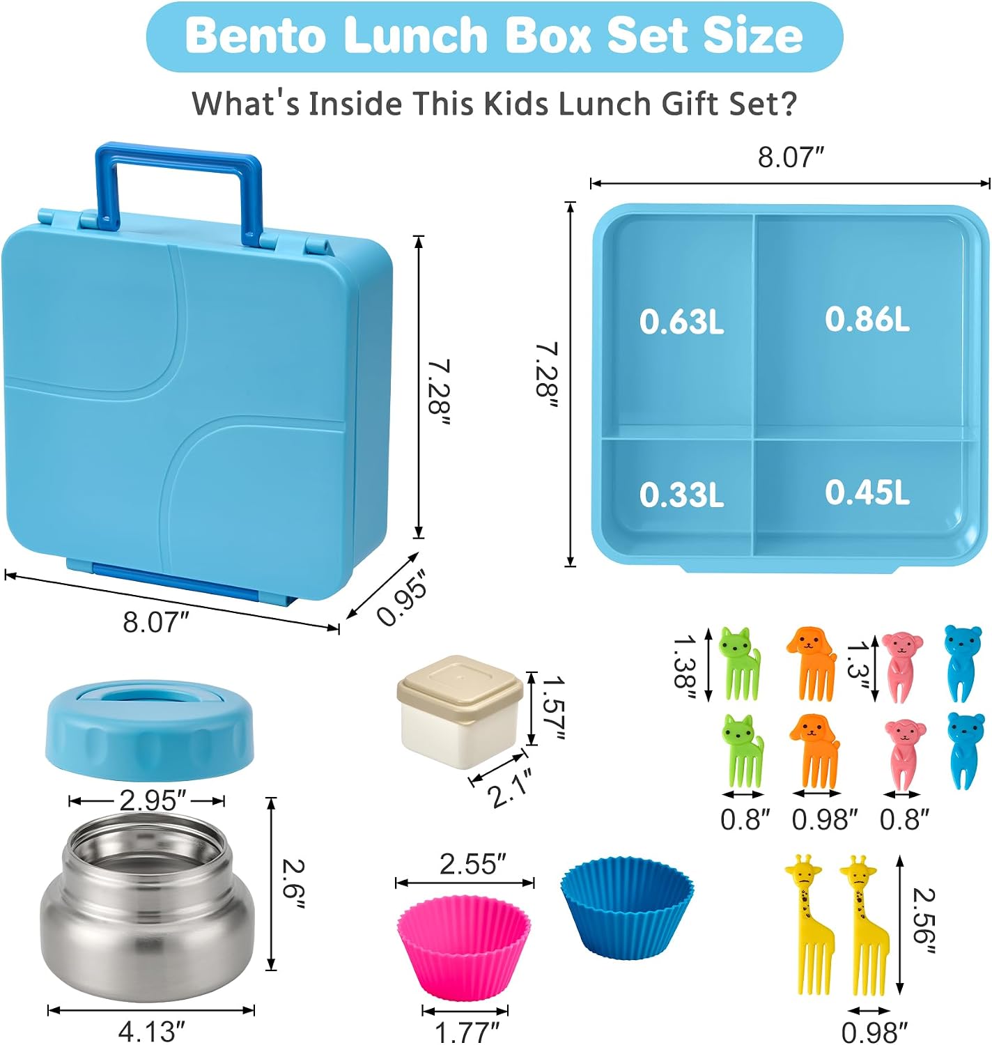 Bento Lunch Box with 9.5 oz Soup Thermo, Kids Leakproof 4 Compartments Bento Box with Silicone Cupcake,Fruit Fork,Spoon and Sauce Cup,Insulated Food Jar for School Travel-Black