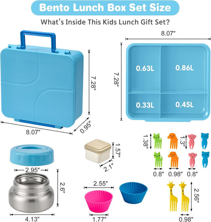 Bento Lunch Box with 9.5 oz Soup Thermo, Kids Leakproof 4 Compartments Bento Box with Silicone Cupcake,Fruit Fork,Spoon and Sauce Cup,Insulated Food Jar for School Travel-Black