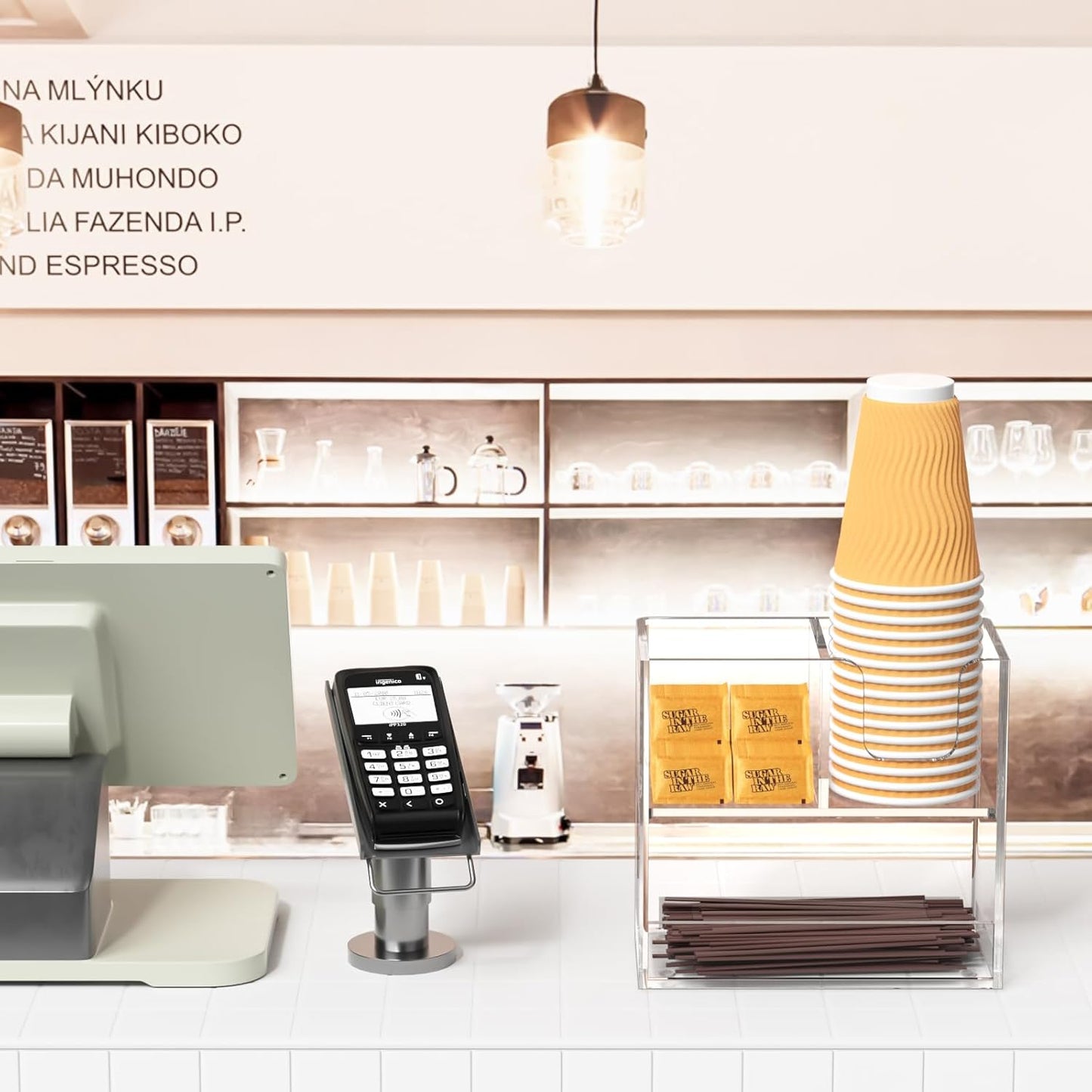 Coffee Condiment and Cup Organizer - 2-Tier Upright Cup and Lid Holder with Straw Organizer 2 Compartments Clear Acrylic Cup Dispenser for Restaurant Breakroom Coffee Station Countertop