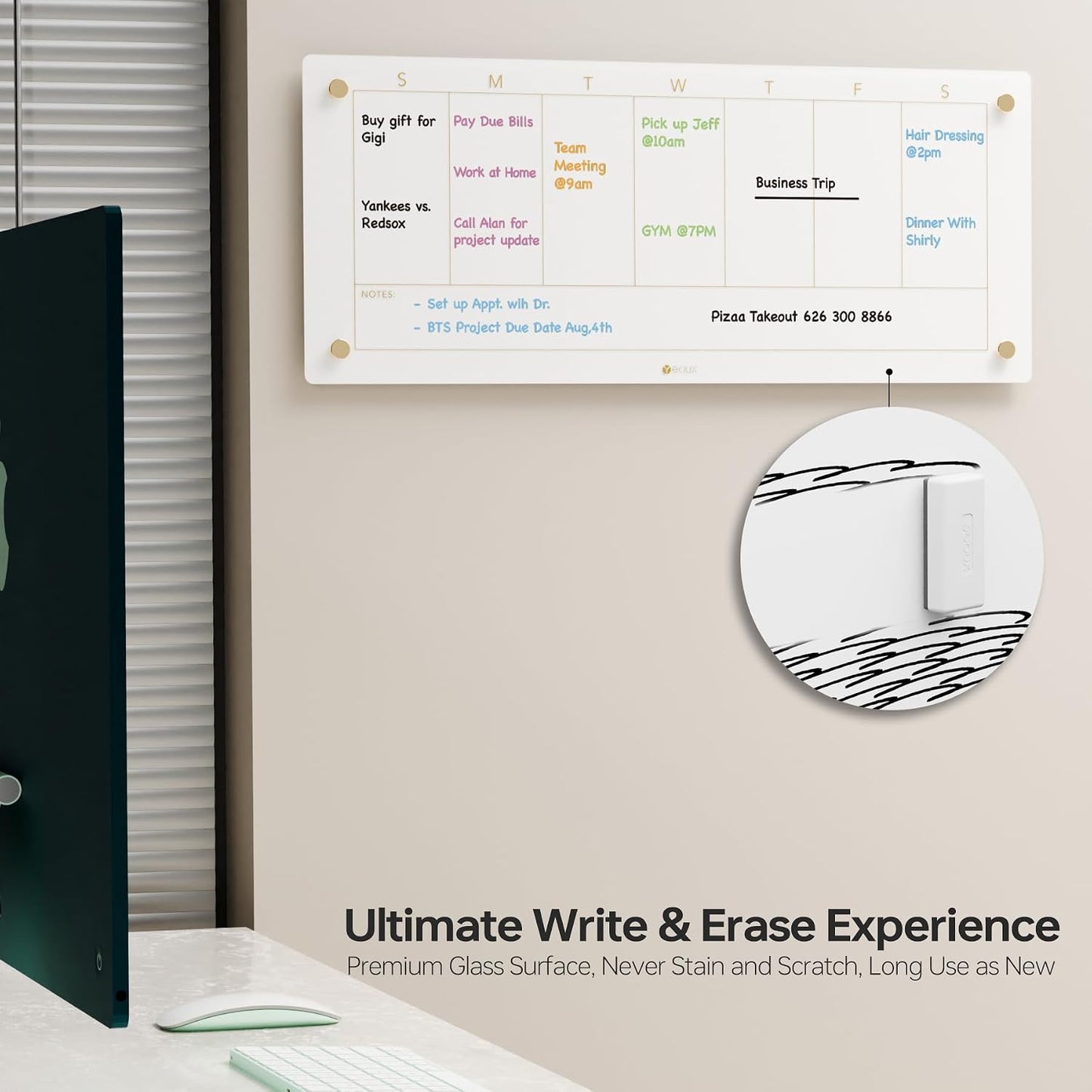 Clear Glass Weekly Dry Erase Calendar & Menu Non-Magnetic Whiteboard for Wall, Meal Plan & Grocery List White Board for Kitchen, 15x11, 7 Days Home Planner, 4 Wet Erase Markers Included, Yeoux