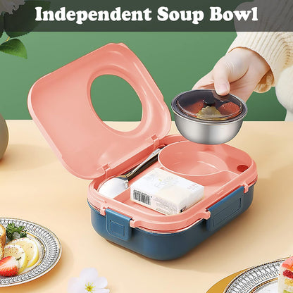 3 Compartments Bento Lunch box with Soup Bowl, Insulated Lunch Bag and Portable Utensils, Stainless Steel Camera Lunch Containers，Leak Proof Bento Box for Kids Adults Men Women…