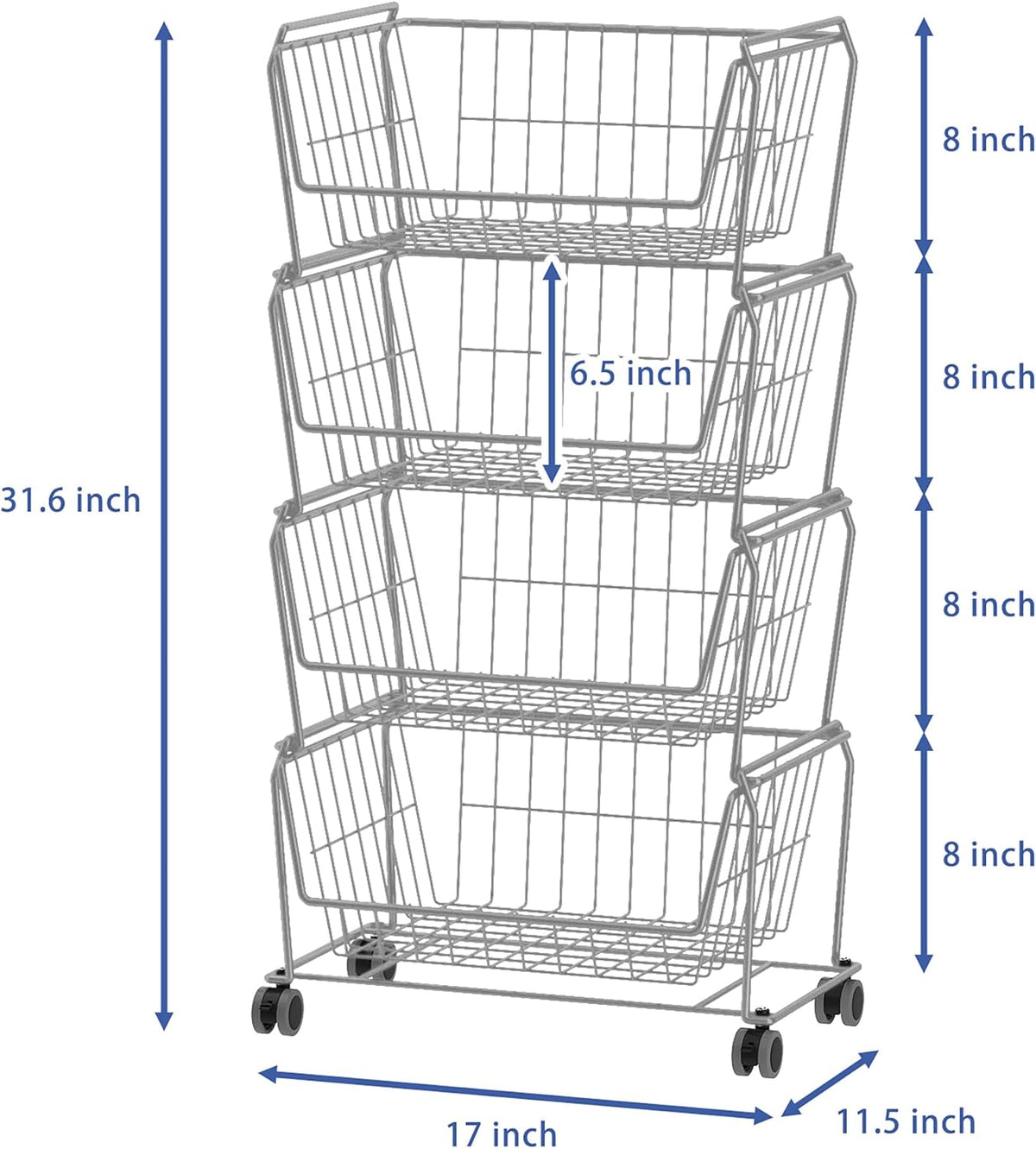 PUSDON 4-Tier Spacious Stackable Wire Storage Baskets with Wheels, Metal Rolling Utility Cart Organizer, Fruit and Vegetable Produce Basket for Kitchen Pantry, Everyday Bathroom Shelf, Silver Grey