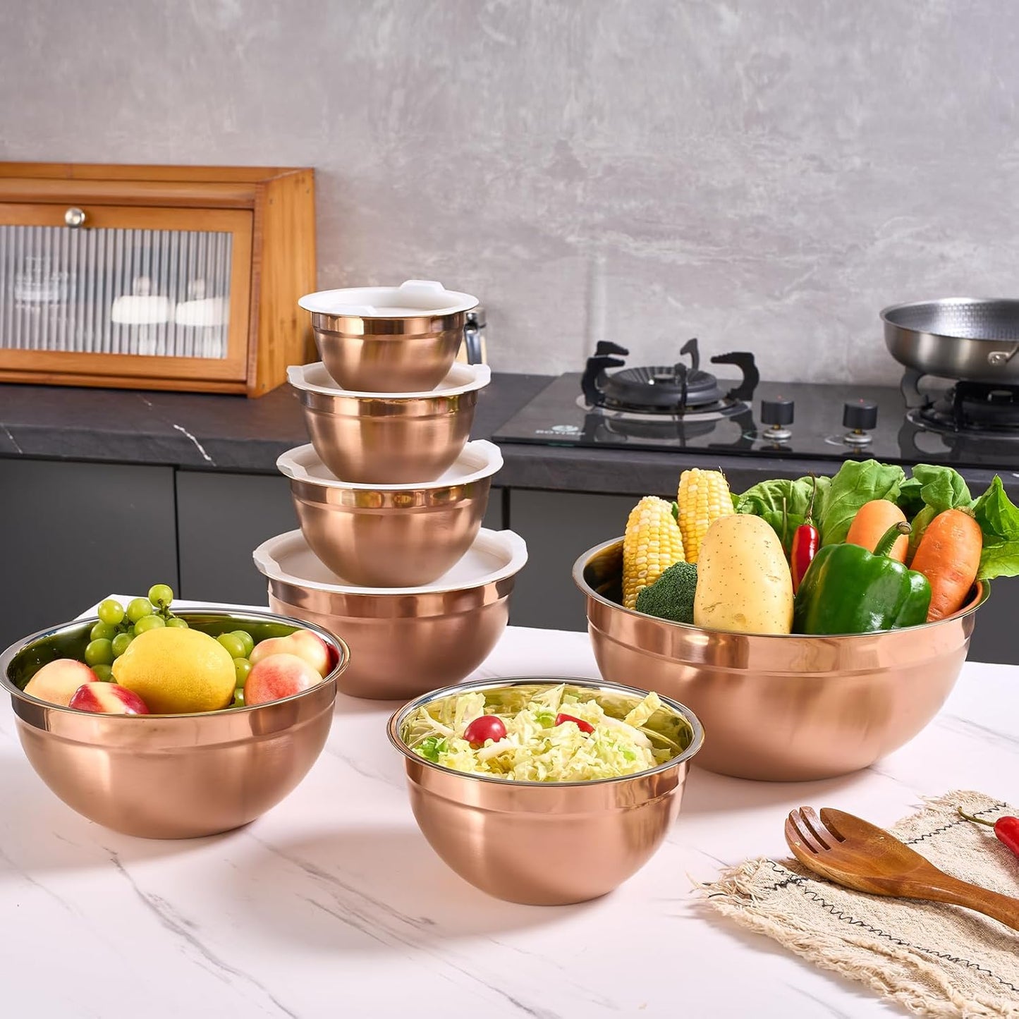 Pink Mixing Bowls with Airtight Lids, Stainless Steel Nesting Mixing Bowls Set of 7, Ideal for Baking, Prepping and Serving Food, Size 7, 3.6, 2.7, 2.1, 1.5, 1.1,0.8 QT, Stackable Design