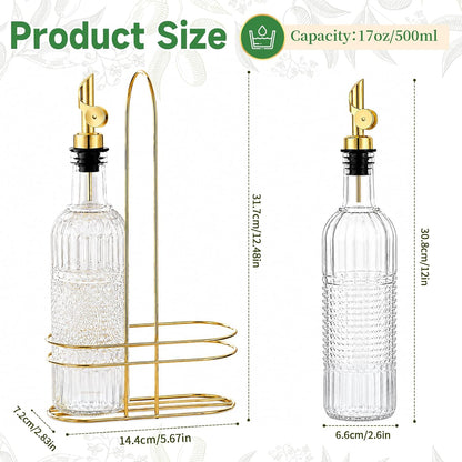 Olive Oil Dispenser Bottle, 2 Pack 17 oz Glass Oil and Vinegar Dispenser with 2 Gold Gravity Auto Flip Spouts, Metal Stand and Funnel, Decorative Polka Dot & Sunflower Design for Kitchen