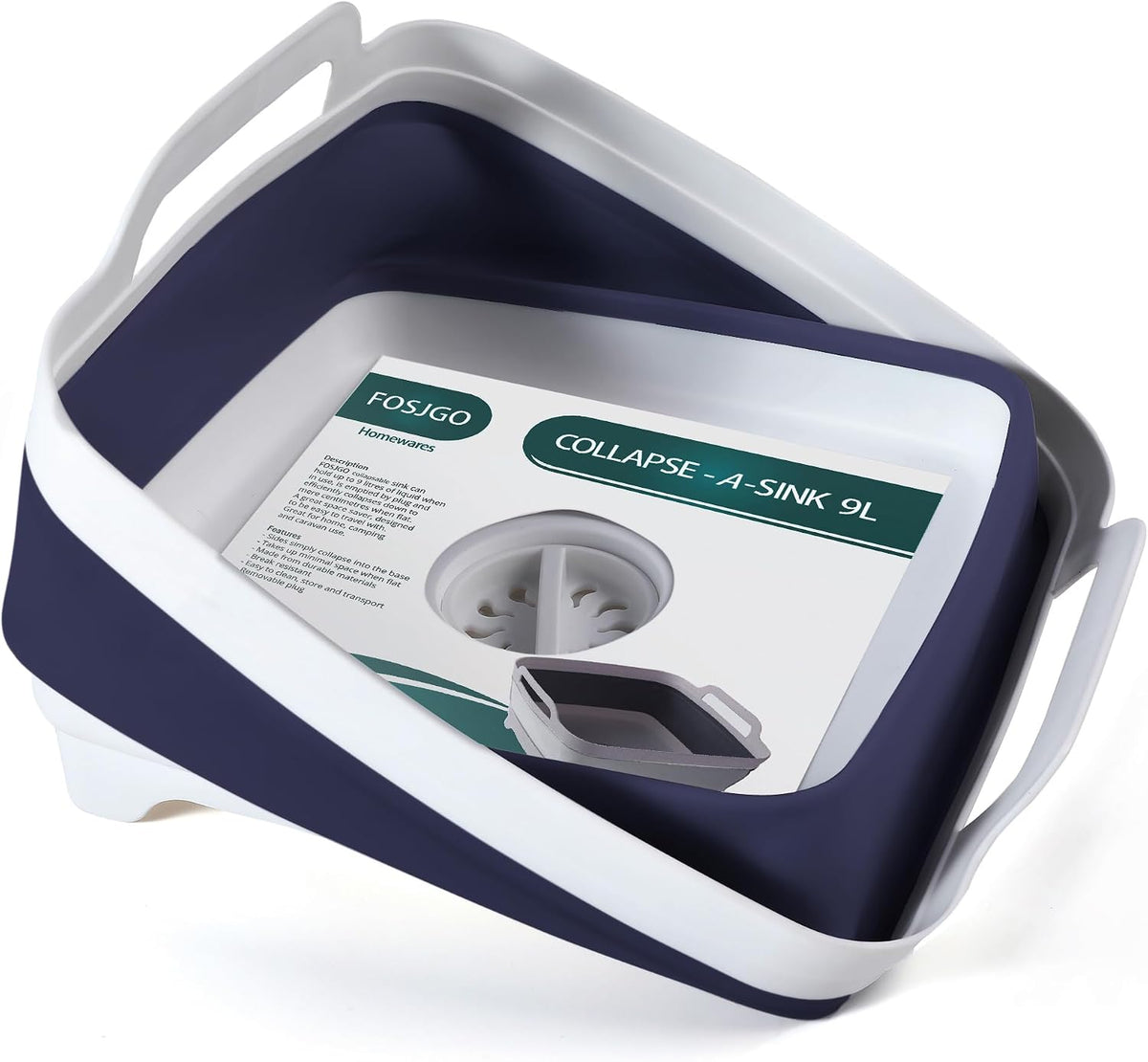 FOSJGO Collapsible Dish Basin with Drain Plug, Foldable Sink, 2.4 Gal (9L)