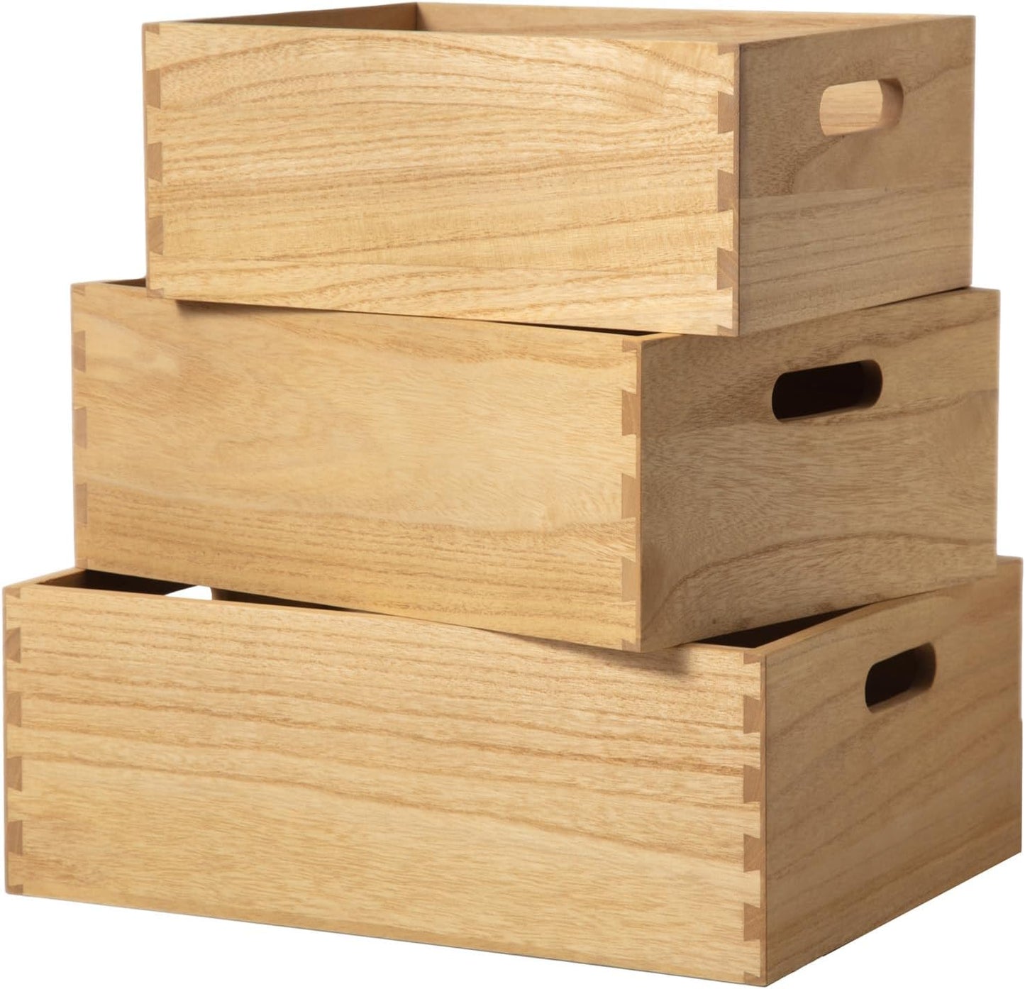 KIRIGEN Nesting Wood Crates with Handles, Set of 3 Storage Boxes Natural | 3 Different Size Decorative Box Organizer for Towels, Books, Crafts Fully Assembled