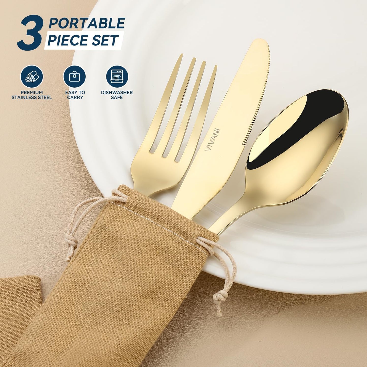 VIVANI Portable Utensils Set with Case, 3-Piece Reusable Stainless Steel Flatware Set for Travel, Camping, Lunch Box & Office, Champagne Gold Fork, Knife, Spoon with Carry Bag