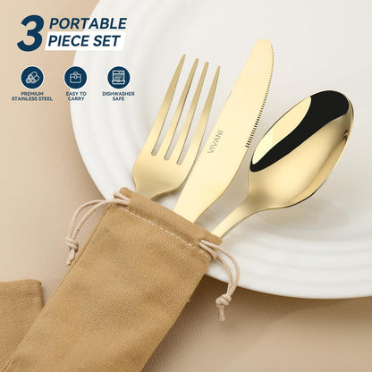 VIVANI Portable Utensils Set with Case, 3-Piece Reusable Stainless Steel Flatware Set for Travel, Camping, Lunch Box & Office, Champagne Gold Fork, Knife, Spoon with Carry Bag