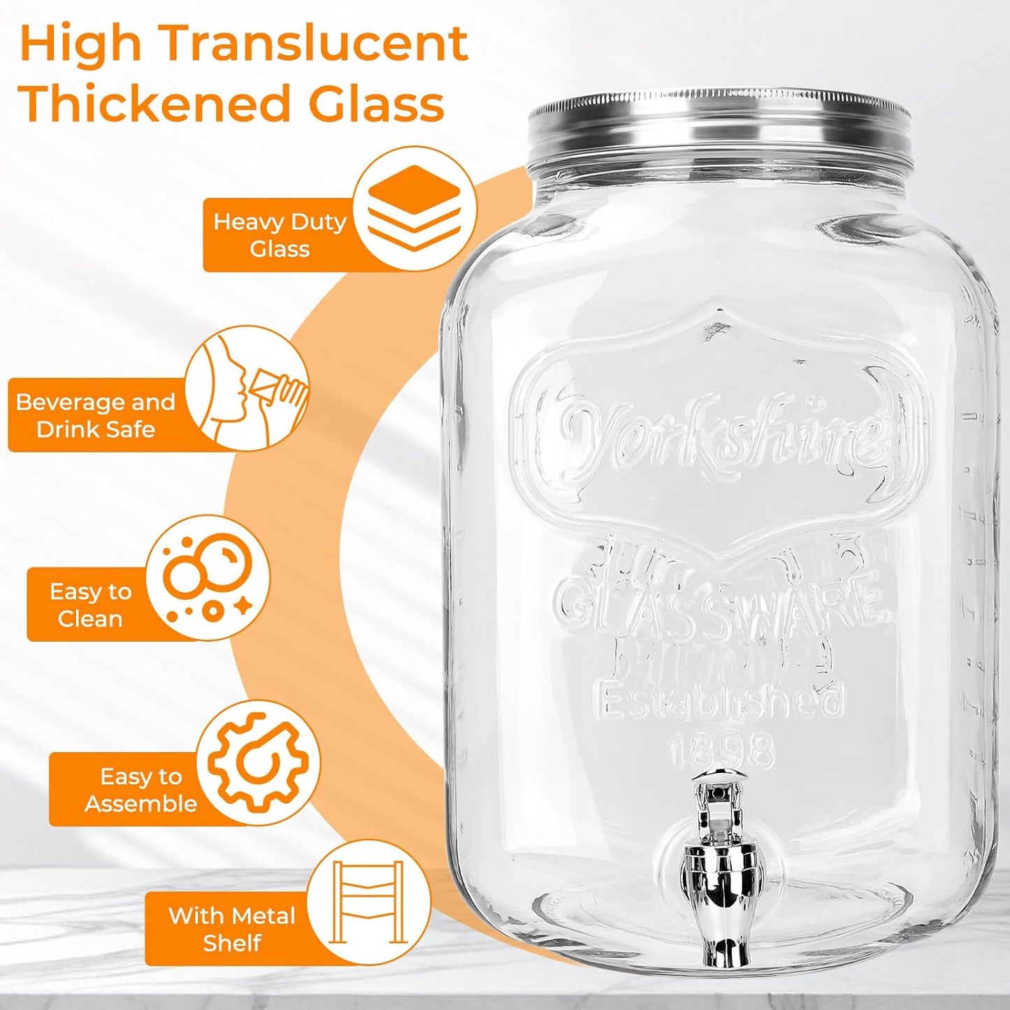 1 Gallon Glass Drink Dispensers with Wood Lid, 2 Pack Clear Beverage Dispenser with Stand and Spigot for Parties, Lemonade Dispenser with Markers and Chalkboard for BBQ, Picnic