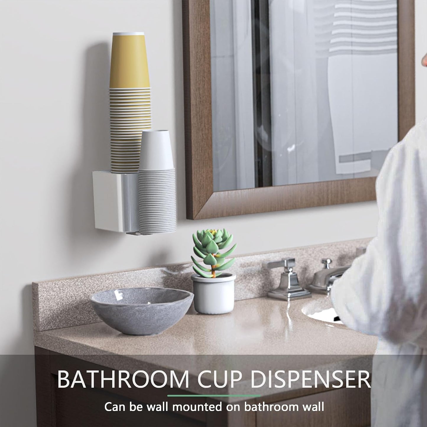 Cup Dispenser 2 Seats, Holder for 2-16 OZ Paper & Plastic Disposable Cups, Adhesive Cup Dispenser Wall Mount for Water Cooler, Coffee Station, Office, Bathroom, Wall (Dark Gray)