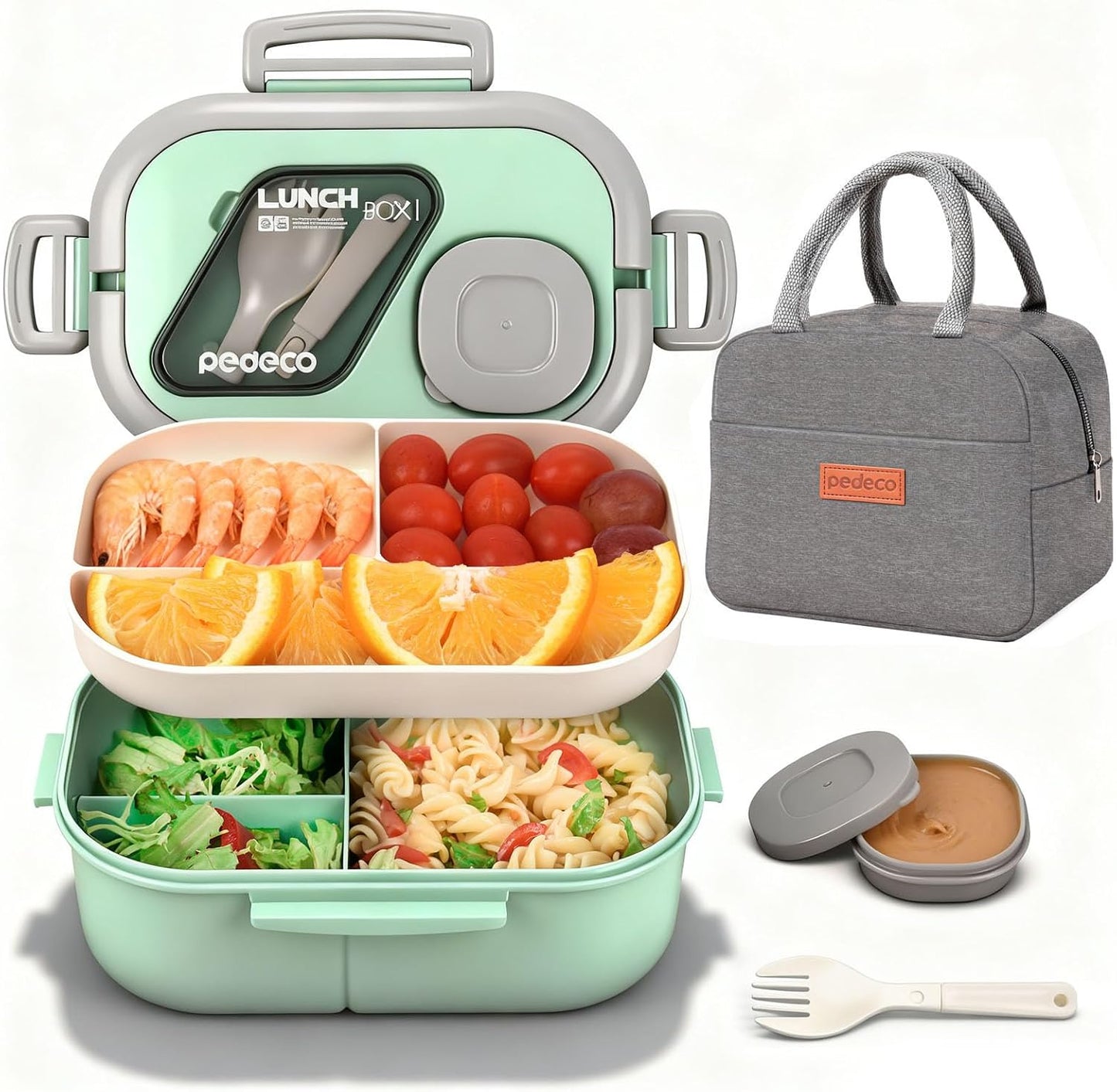 PEDECO All-in-one Bento Lunch Box Set for Adults & Kids with Insulated Bag, Leakproof 3-Compartment and 2-Tier Stackable Container with Portable Sauce Pod, Microwave/Dishwasher Safe, BPA-Free (White)