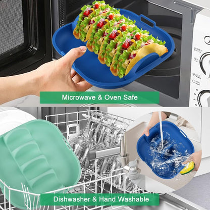 Silicone Taco Holder Set of 2, Non-Slip Taco Plates with Dividers, Reusable Fit for Kitchen, Party, Restaurants - Microwave and Dishwasher Safe, Blue and Green