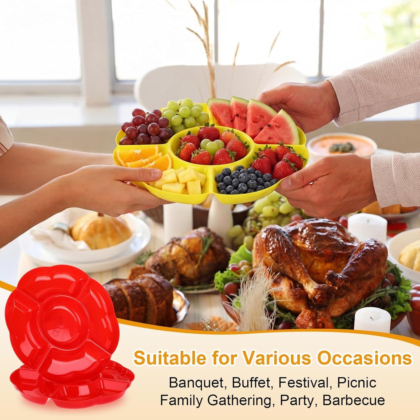 Zopeal 16 Pcs 5 Sectional Plastic Serving Tray Round Chip and Dip Serving Dish 10 Inch Fruit Veggie Platter Appetizer Plate with Dividers for Party Snack Candy Dish Platter(White)