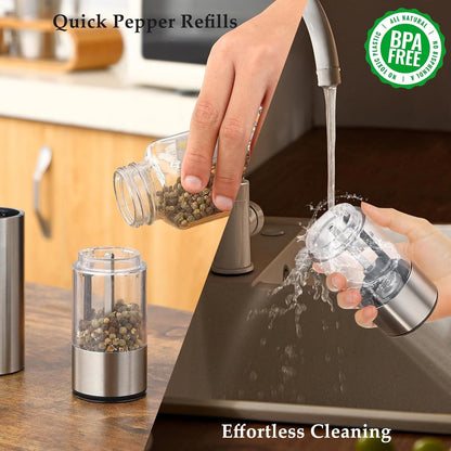 Electric Salt and Pepper Grinder Set, USB Rechargeable, Automatic Salt and Pepper Mill Grinder with Adjustable Coarseness, Electric Salt Shakers, LED Light, Refillable (2 Packs, Greige)