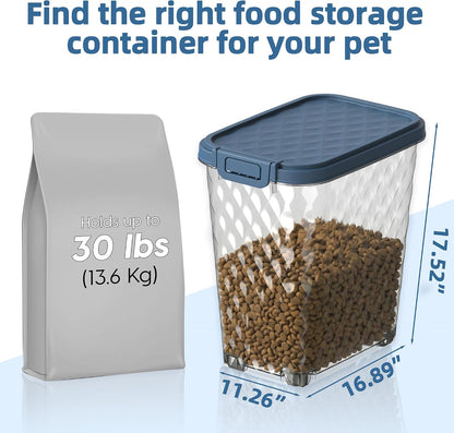 Airtight Dog Food Storage Container 30 lb with Attachable Wheels, Clear Pet Food Sorage Containers with Scoop & Slow-Feeding Bowl, Easy to Move Clean Refill, Fit for Dog Cat Bird Food