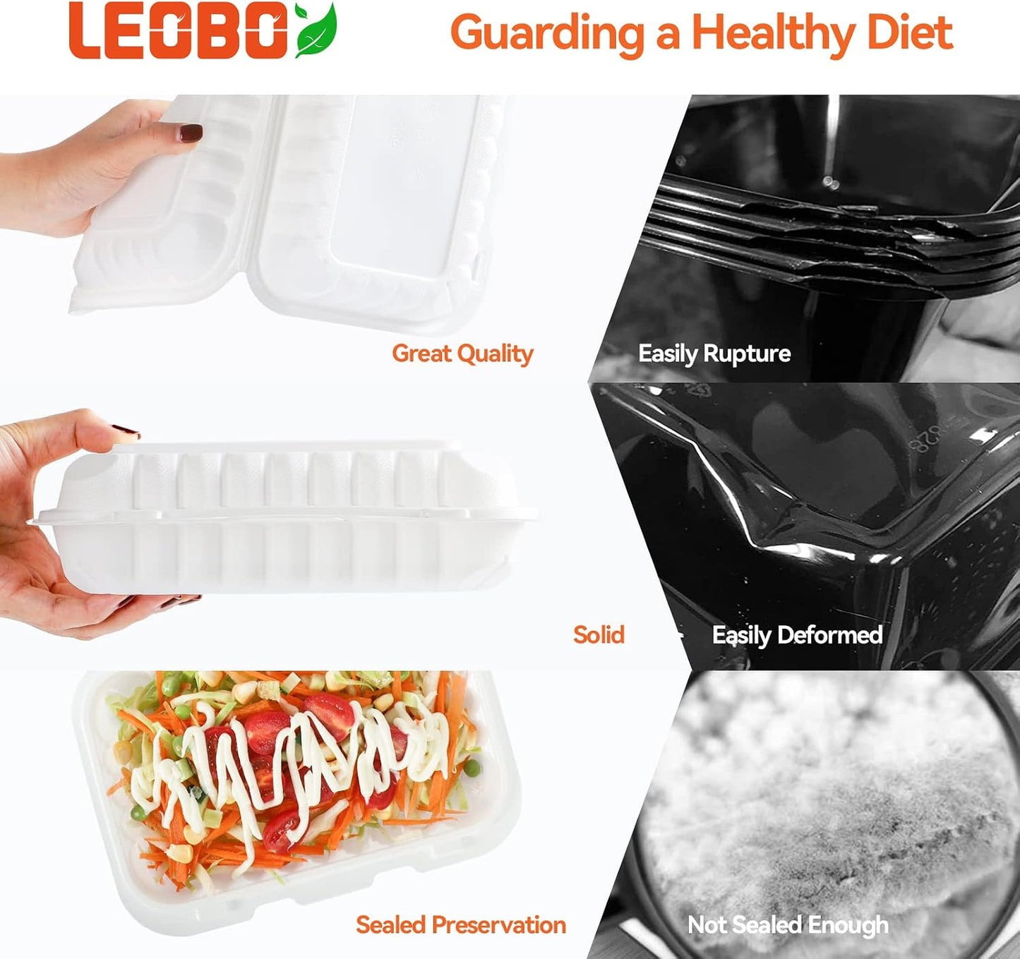 Takeout Container Mineral Filled PP Plastic - 7.8 Inch 30oz 65 Pack BPA Free 3 Compartments Shrink Wrap Bento Box | Freezer & Microwave Safe for Picnic | Black Reusable & Disposable Containers