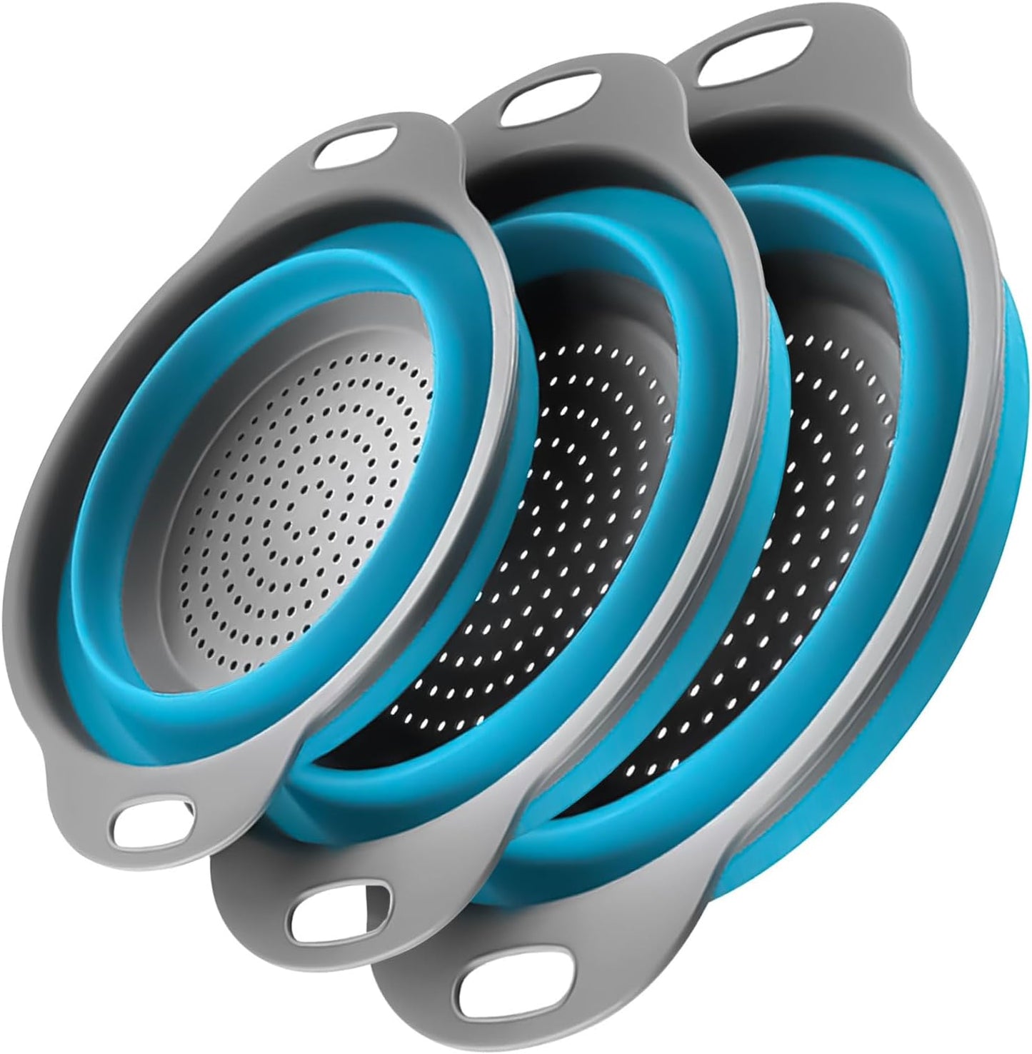 Collapsible Colander Set of 3, Space-Saving Silicone Strainers with Handles, Heat Resistant Food Draining Baskets for Vegetables, Fruits, Pasta, Kitchen, RV & Camping Use (Blue)