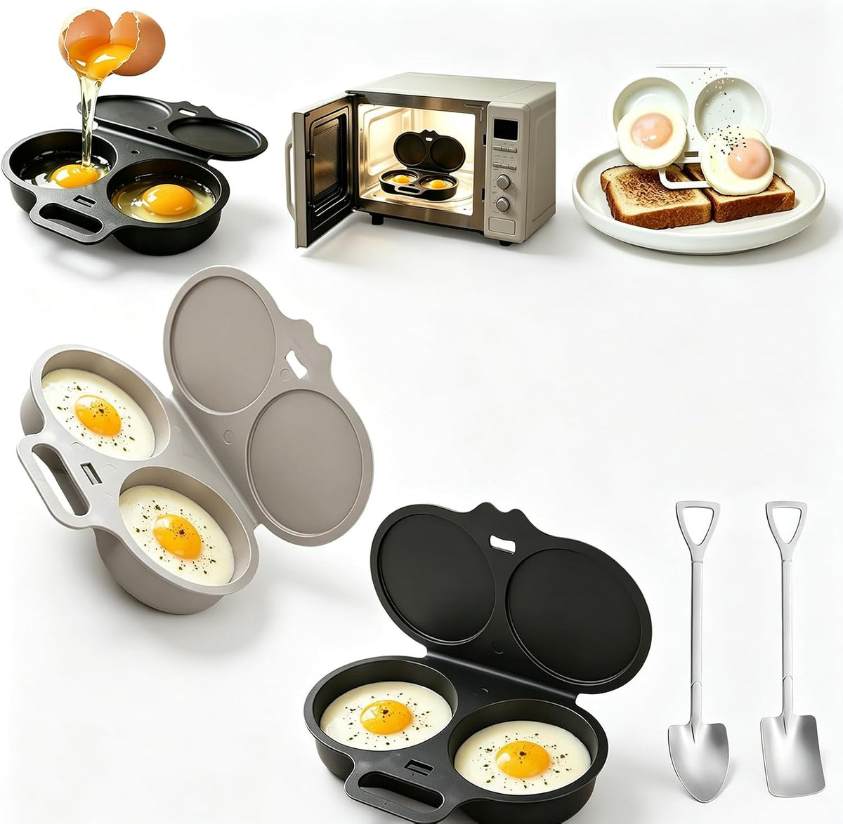2027 Dual Cavity Microwave Egg Poacher With Lid & Handle，Black*2