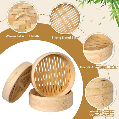Bamboo Steamer 2 Tier 10-Inch Steaming Basket, Bun Vegetable Steam, Dumpling Steamer Bamboo Steam Basket, Chopsticks, Reusable Silicone Liner, Ring Adapter, for Chinese Asian Cuisine