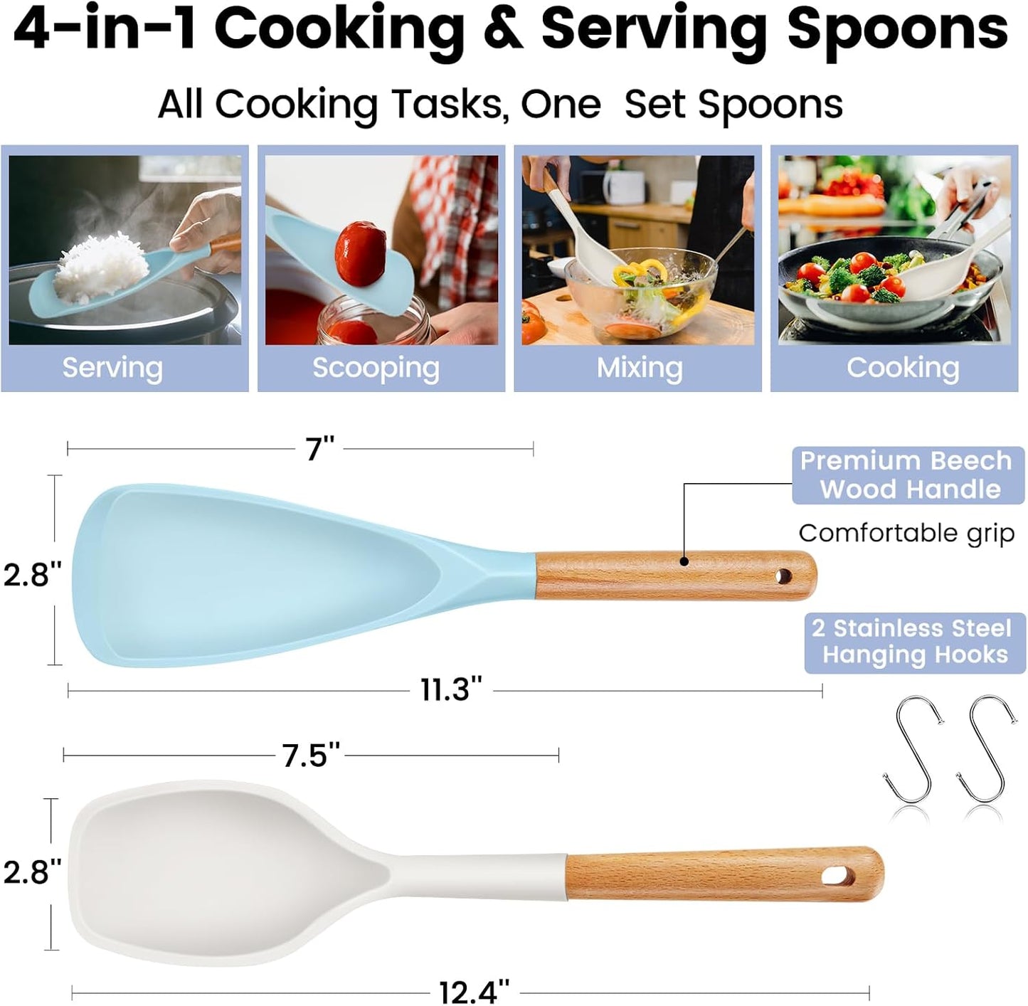 Large Silicone Cooking Spoons Set, 2 Pcs Heat Resistant Serving Spoon, Multifunction Nonstick Spatula Spoon, Kitchen Cucharras de Silicona for Mixing, Stiring, Basting, Scooping, Scraping