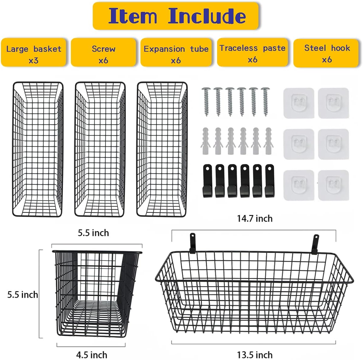 Joben Oligey 3 Set [Extra Large] Hanging Wall Wire Baskets, Farmhouse Food Storage Kitchen Pantry Laundry Closet Garage RV, White