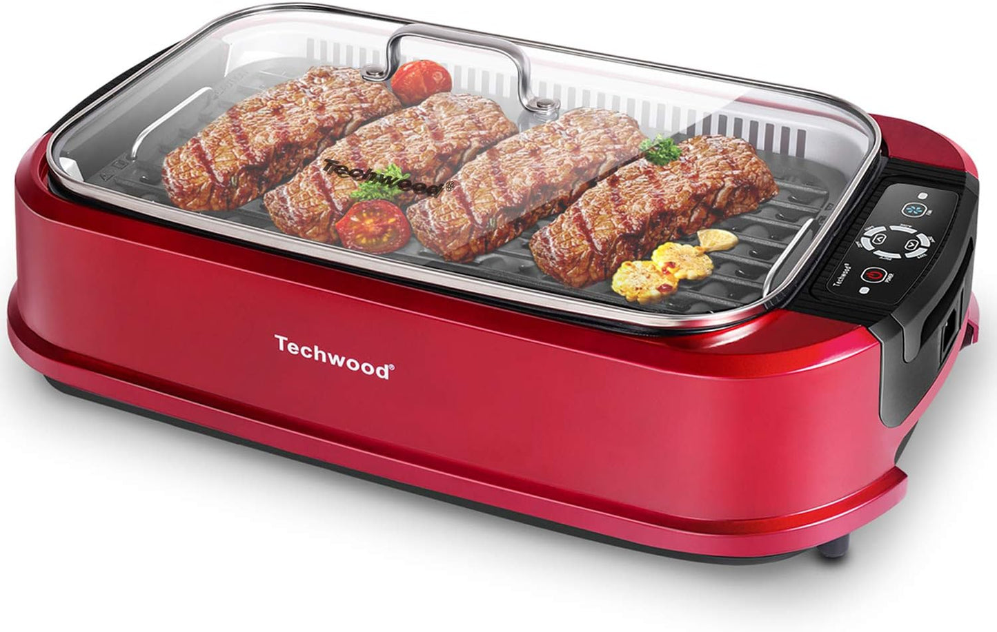 Techwood Indoor Grill Smokeless Grill, Electric Korean BBQ Grill with Glass Lid, Turbo Smoke Extractor Technology, Dishwasher-Safe Drip Tray & Nonstick Grilling Removable Plate, Black, 1500W