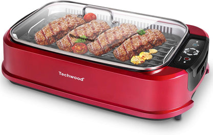 Techwood Indoor Grill Smokeless Grill, Electric Korean BBQ Grill with Glass Lid, Turbo Smoke Extractor Technology, Dishwasher-Safe Drip Tray & Nonstick Grilling Removable Plate, Black, 1500W