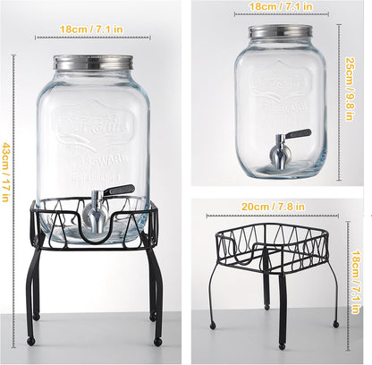1 Gallon Glass Beverage Dispenser with Stand, Stainless Steel Spigot and Lid, Glass Drink Dispensers for Parties, Drink Dispensers with Lids for Lemonade Sun Tea Mason Jar