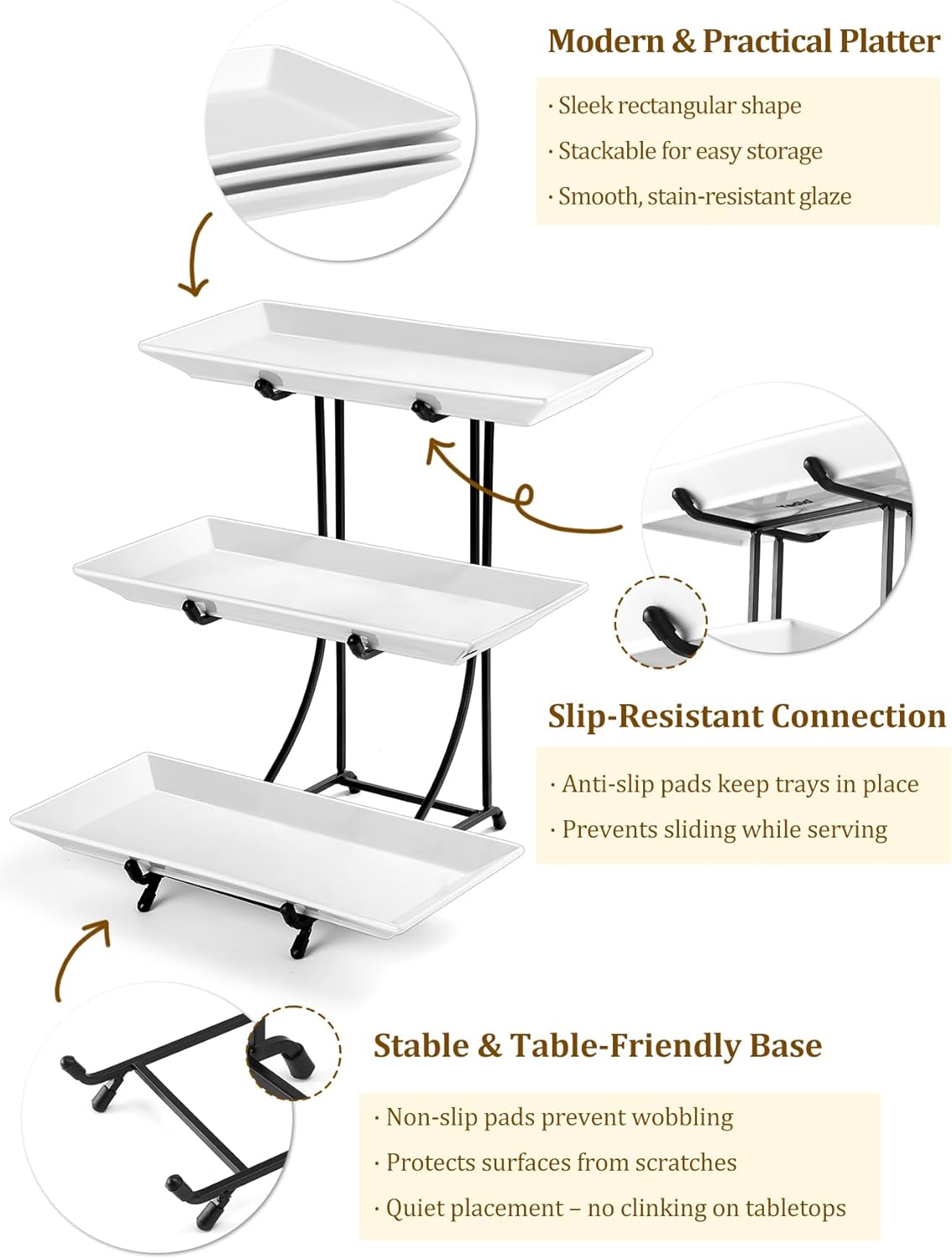 Yedio 3 Tier Serving Tray Set – 12 Inch Porcelain Serving Platters with Pre-Assembled Gold Metal Stand, No Installation Required, Tiered Tray for Dessert Fruit Food Display and Party Entertaining