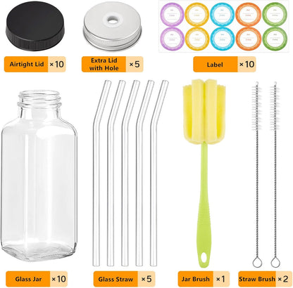 TUZAZO 10 Pack 12 Oz Glass Juice Bottles with Lids, Reusable Travel Drinking Jars Juice Containers, Glass Bottles for Juicing with Brush, Straws, Lids with Hole