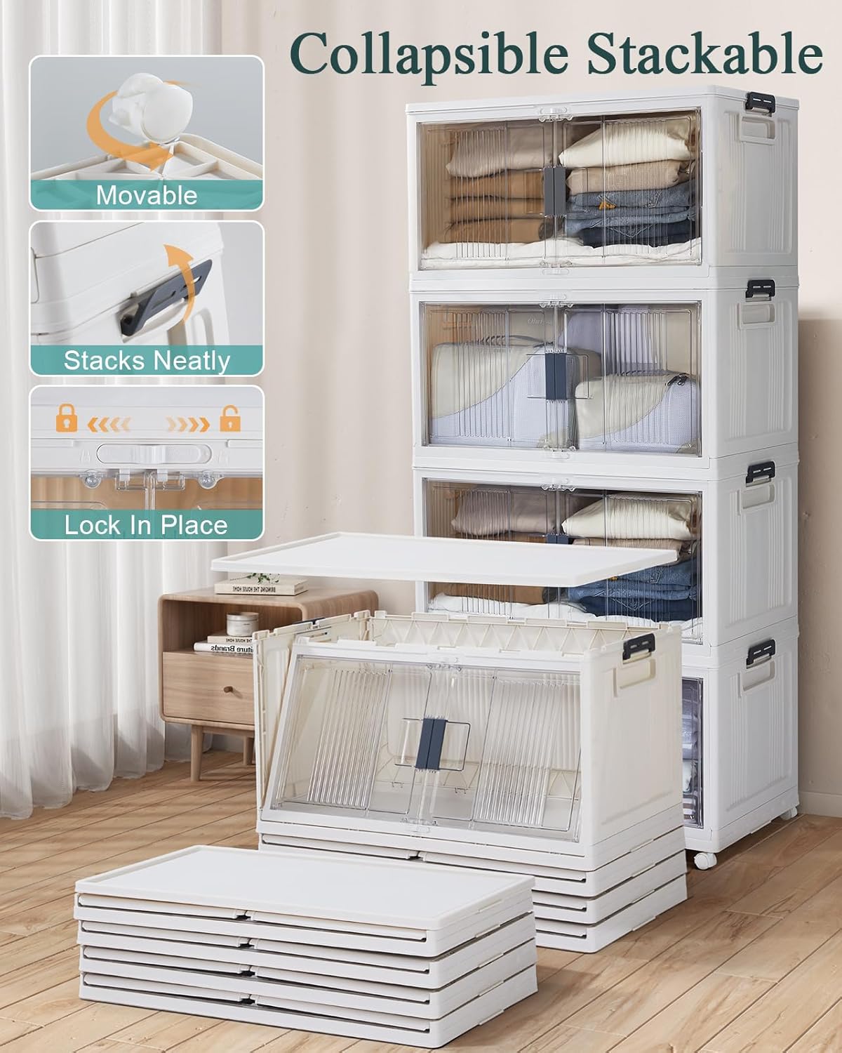 OlarHike 76QT Lockable Storage Bins with Lids - Folding Storage Box with Doors & Wheels, Collapsible Drawers for Home, Dorm, Closets, Office, School, College, Stackable Containers, 4 Pack Cubes