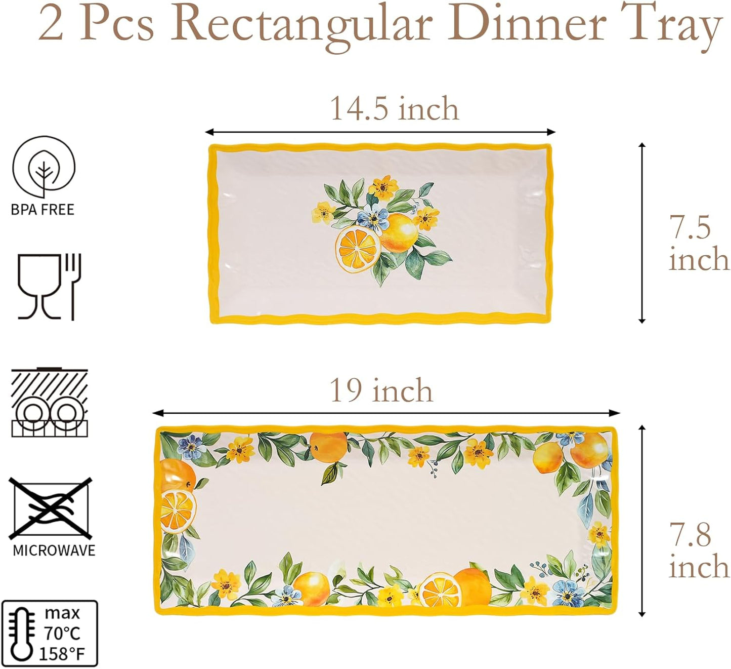 2 pcs Melamine Tray Set with Strawberry Design, 19 Inch and 14.5 Inch Large Serving Plates, Unbreakable Dinnerware for RV, Camping, Party, Easy Clean