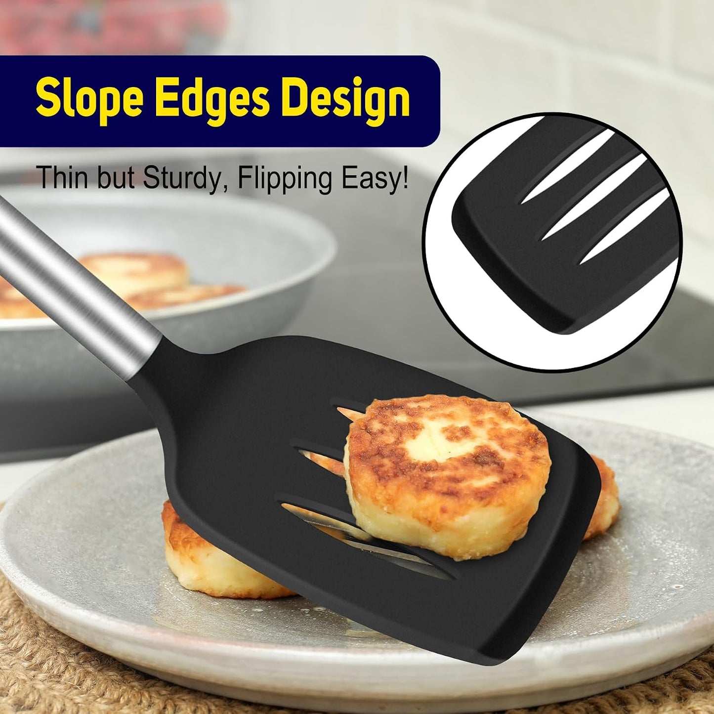 HOTEC Silicone Spatula Set of 2 Heat-Resistant 600°F & BPA-Free Kitchen SaptulaTurner with Stainless Steel Handles, Slotted & Solid Spatulas for Nonstick Cookware, 13.7 Inch, Classic Blue