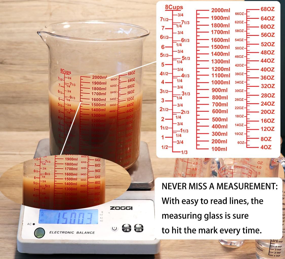 3 Piece Glass Measuring Cup Set, Includes 1/2-Cup, 1-Cup, and 2-Cup High Borosilicate Glasss Liquid Measuring Cups, Dishwasher, Freezer, Microwave, and Preheated Oven Safe, Essential Kitchen Tools