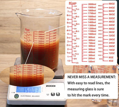 3 Piece Glass Measuring Cup Set, Includes 1/2-Cup, 1-Cup, and 2-Cup High Borosilicate Glasss Liquid Measuring Cups, Dishwasher, Freezer, Microwave, and Preheated Oven Safe, Essential Kitchen Tools